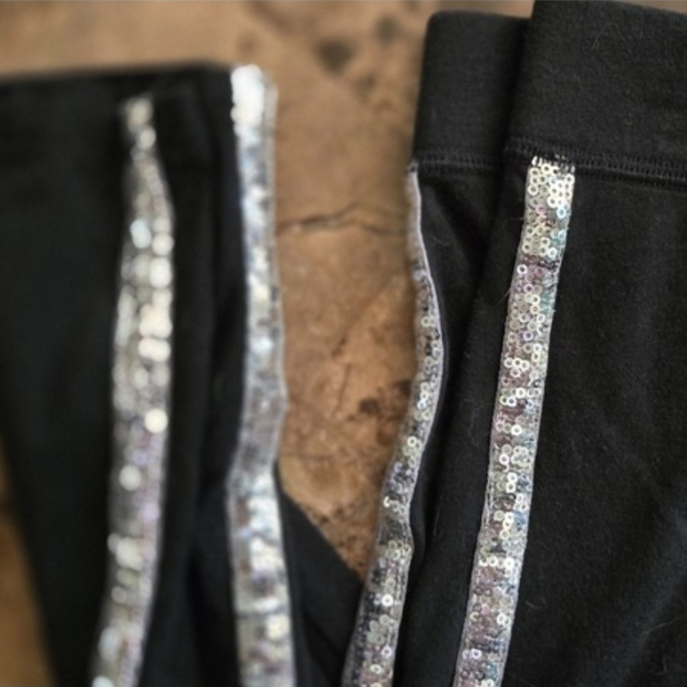 PINK Victoria's Secret Black Leggings with Silver Sequin Stripes